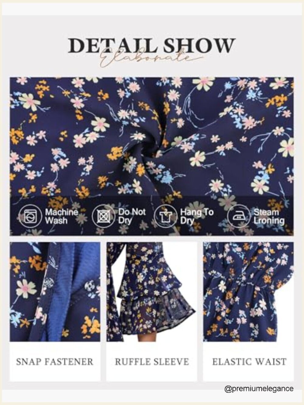 Midi Swing Dress with 3/4 Ruffle Sleeves, V-Neck, Elastic Waist, Flowy Chiffon - Picture 6 of 7